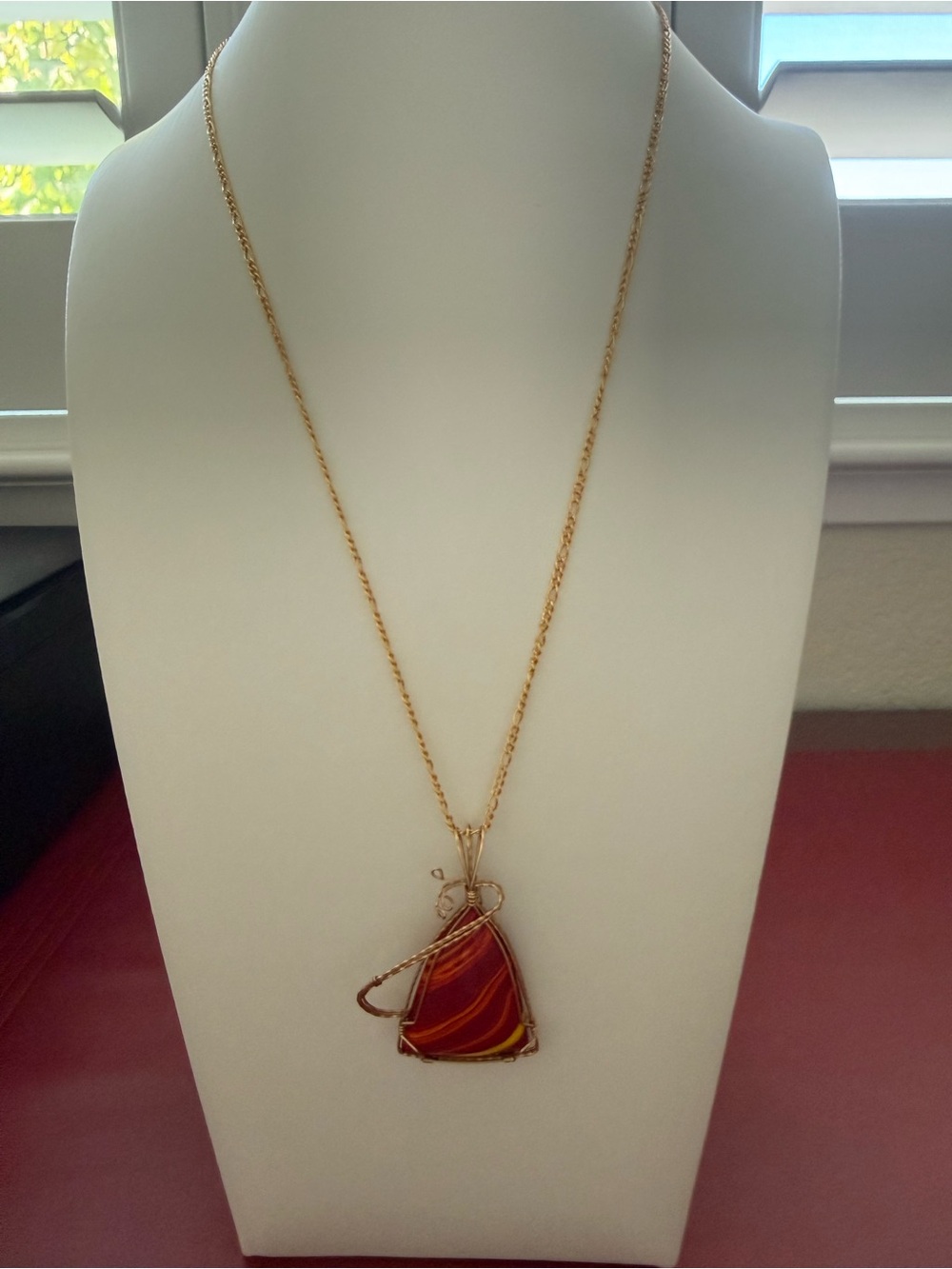 Artisan Red, Orange and Yellow Gold Wire-Wrapped Necklace Pendant